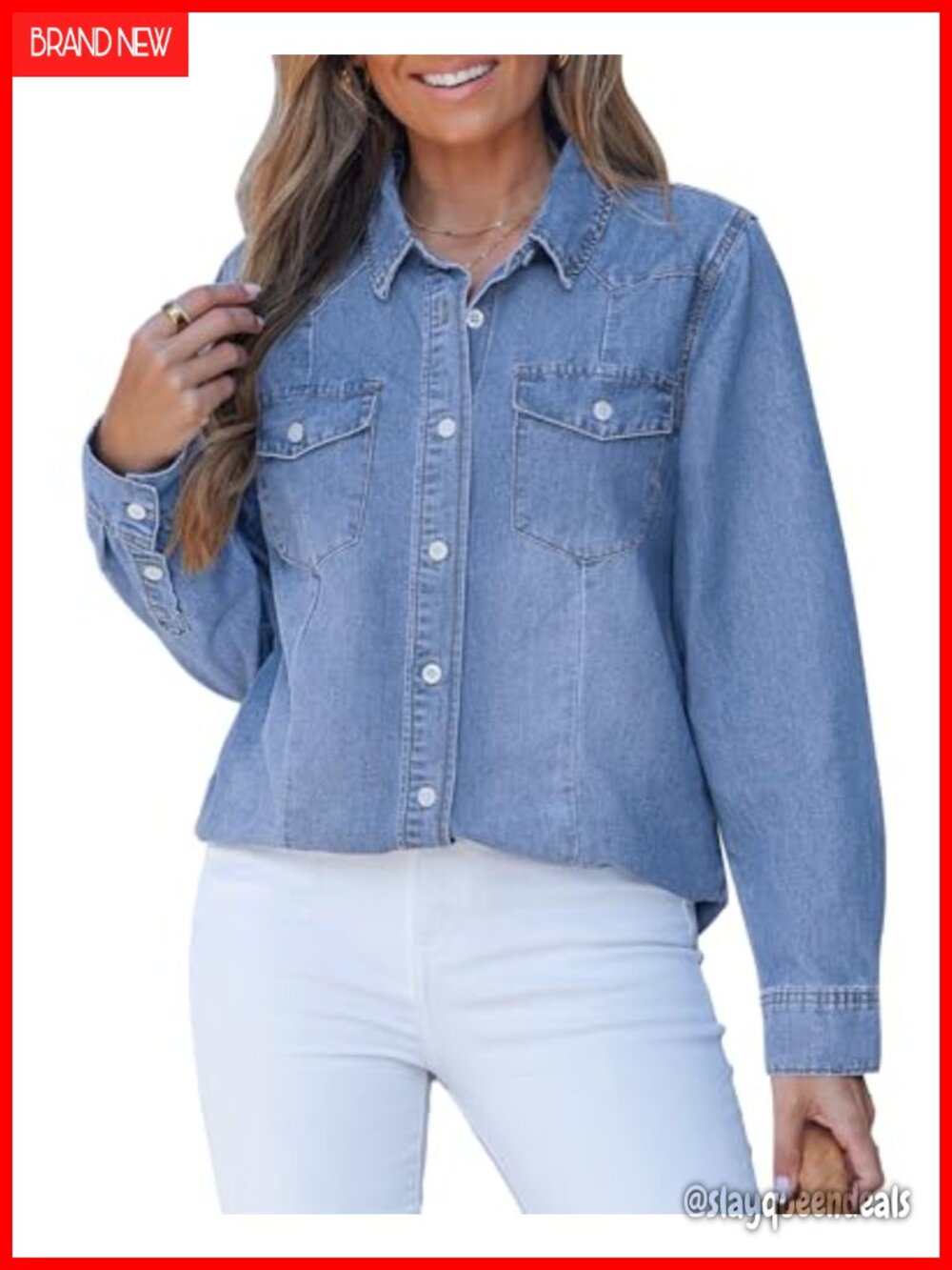 Denim Button Down Shirt Women Long Sleeve Cowgirl Top
